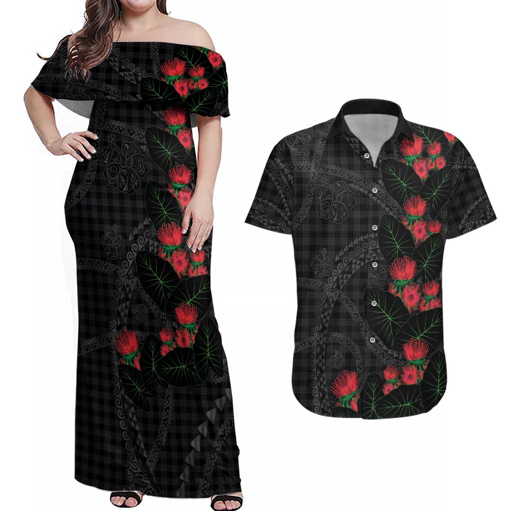 Hawaiian Kakau Art Couples Matching Off Shoulder Maxi Dress and Hawaiian Shirt Taro Leaves with Ohia Lehua and Pakala Pattern - Polynesian Pride