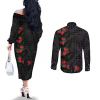 Hawaiian Kakau Art Couples Matching Off The Shoulder Long Sleeve Dress and Long Sleeve Button Shirt Taro Leaves with Ohia Lehua and Pakala Pattern - Polynesian Pride