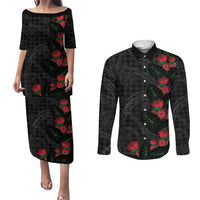 Hawaiian Kakau Art Couples Matching Puletasi and Long Sleeve Button Shirt Taro Leaves with Ohia Lehua and Pakala Pattern LT03 Black - Polynesian Pride