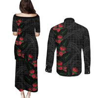 Hawaiian Kakau Art Couples Matching Puletasi and Long Sleeve Button Shirt Taro Leaves with Ohia Lehua and Pakala Pattern LT03 - Polynesian Pride