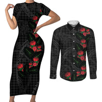 Hawaiian Kakau Art Couples Matching Short Sleeve Bodycon Dress and Long Sleeve Button Shirt Taro Leaves with Ohia Lehua and Pakala Pattern - Polynesian Pride