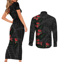 Hawaiian Kakau Art Couples Matching Short Sleeve Bodycon Dress and Long Sleeve Button Shirt Taro Leaves with Ohia Lehua and Pakala Pattern - Polynesian Pride