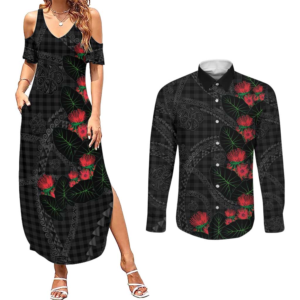 Hawaiian Kakau Art Couples Matching Summer Maxi Dress and Long Sleeve Button Shirt Taro Leaves with Ohia Lehua and Pakala Pattern - Polynesian Pride