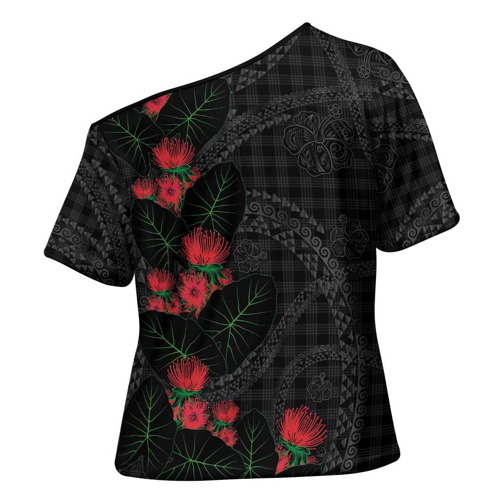 Hawaiian Kakau Art Cross Shoulder Shirt Taro Leaves with Ohia Lehua and Pakala Pattern LT03 - Polynesian Pride