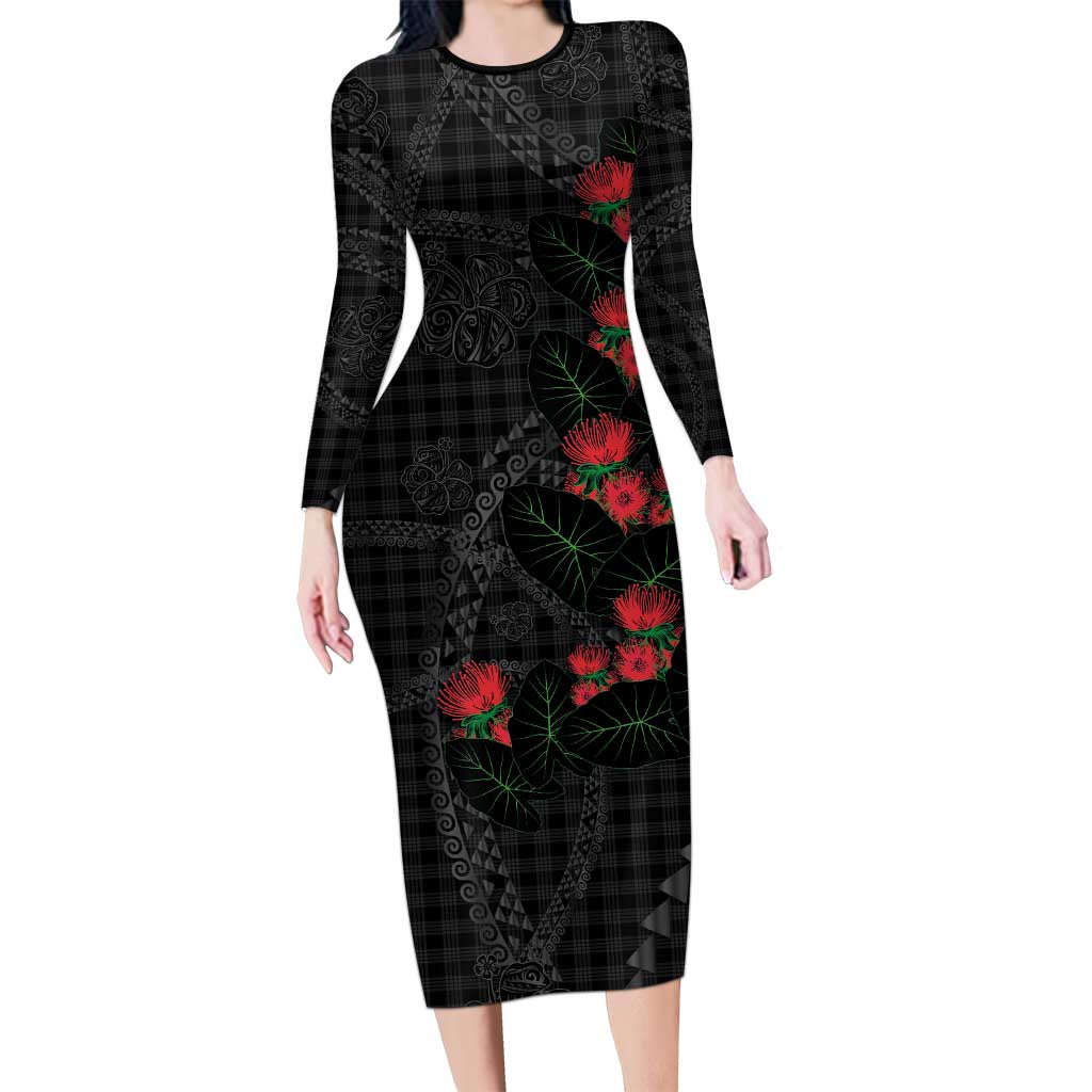 Hawaiian Kakau Art Family Matching Long Sleeve Bodycon Dress and Hawaiian Shirt Taro Leaves with Ohia Lehua and Pakala Pattern - Polynesian Pride