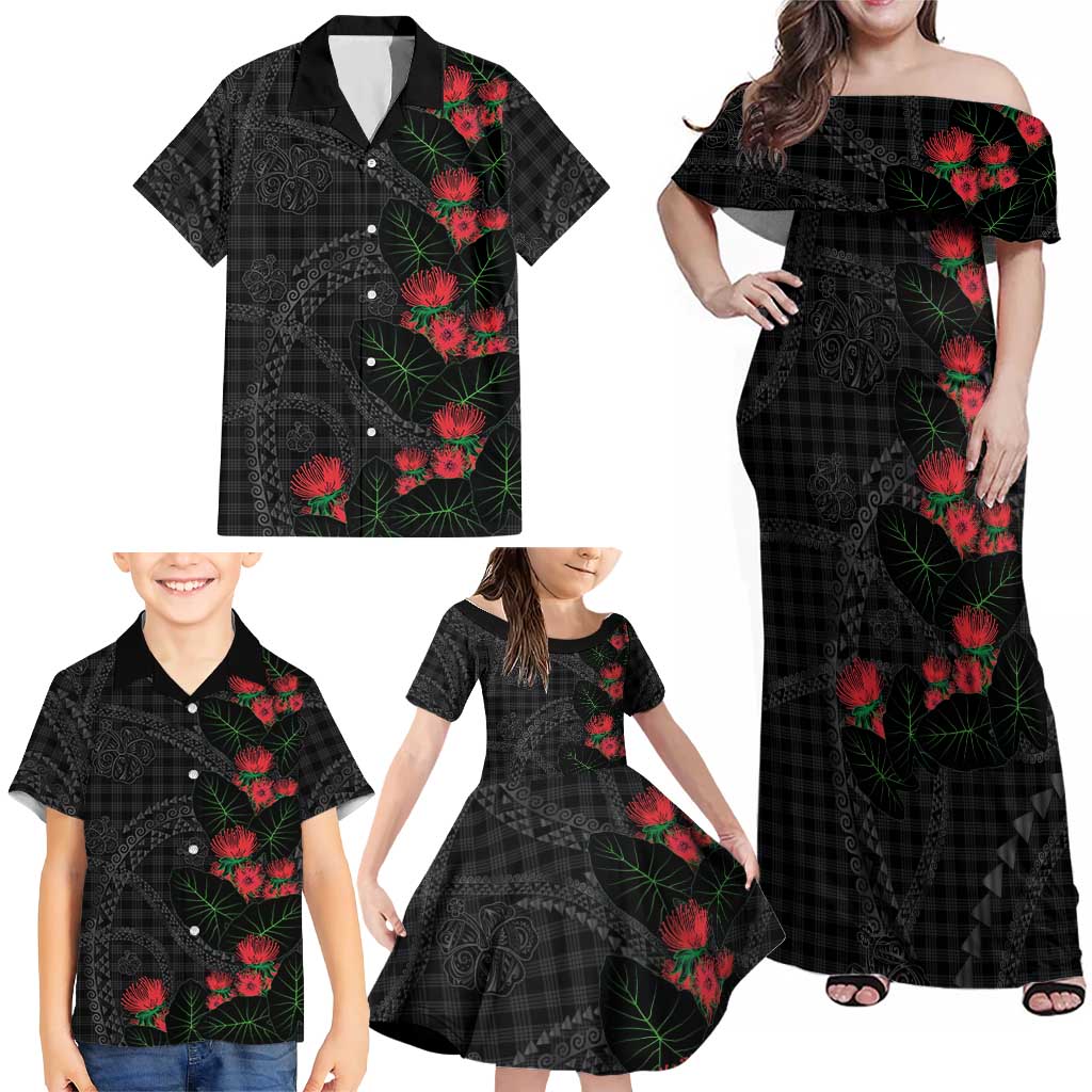 Hawaiian Kakau Art Family Matching Off Shoulder Maxi Dress and Hawaiian Shirt Taro Leaves with Ohia Lehua and Pakala Pattern - Polynesian Pride