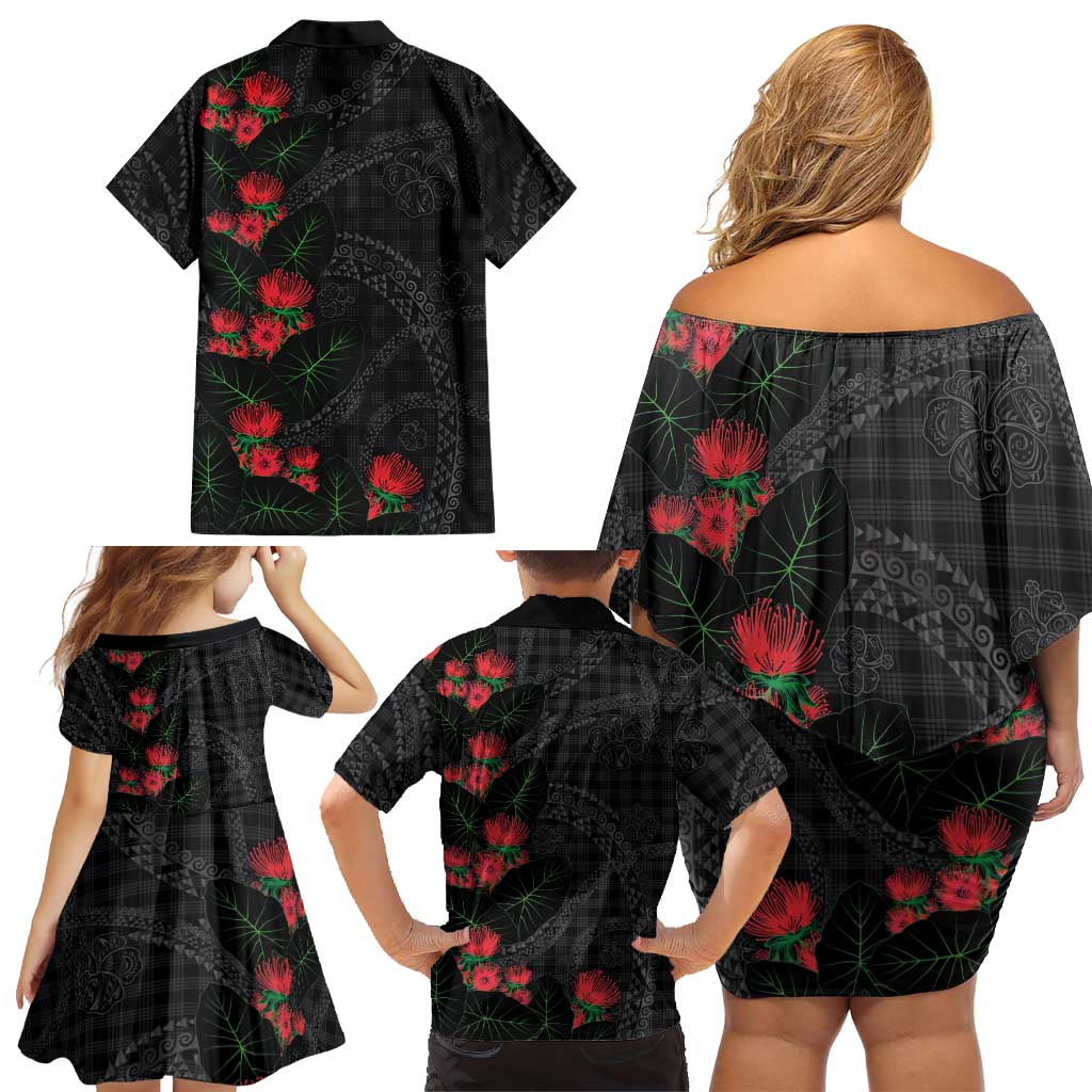 Hawaiian Kakau Art Family Matching Off Shoulder Short Dress and Hawaiian Shirt Taro Leaves with Ohia Lehua and Pakala Pattern - Polynesian Pride
