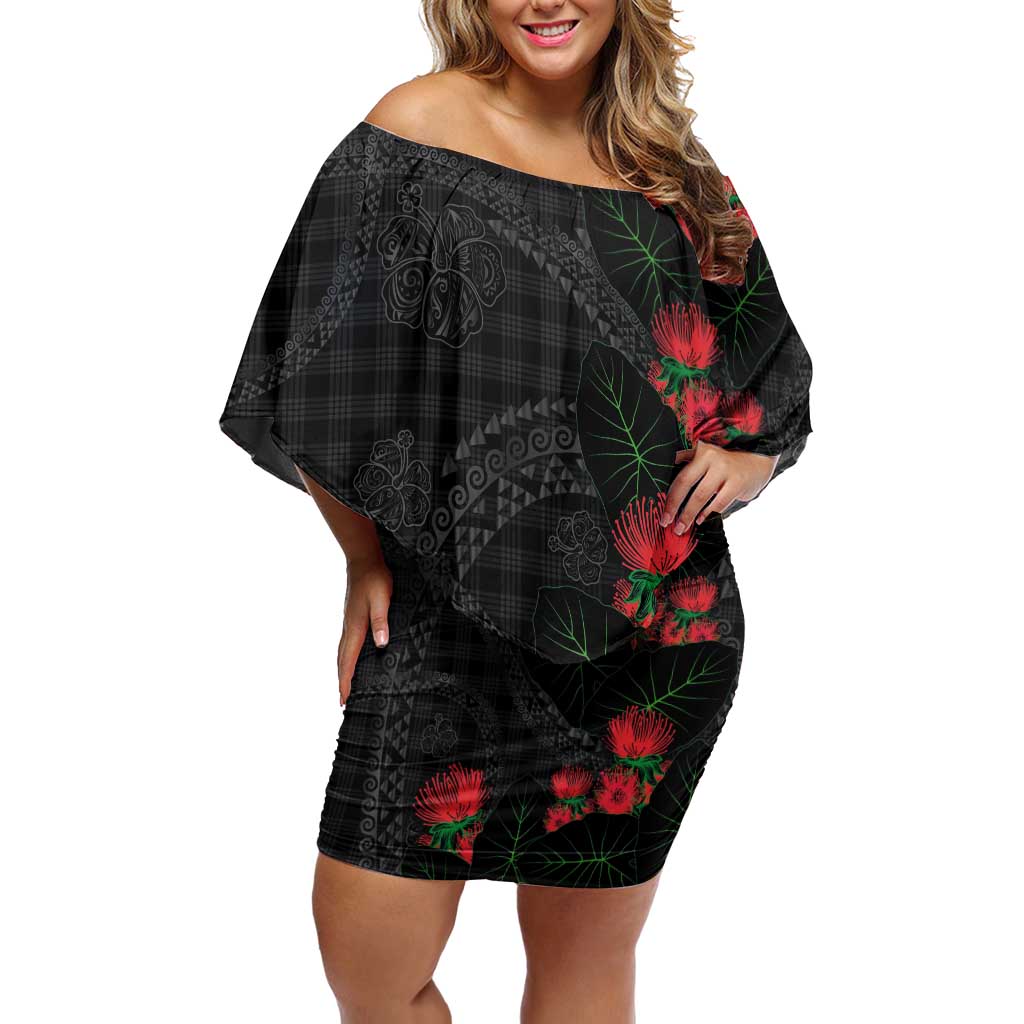 Hawaiian Kakau Art Family Matching Off Shoulder Short Dress and Hawaiian Shirt Taro Leaves with Ohia Lehua and Pakala Pattern - Polynesian Pride
