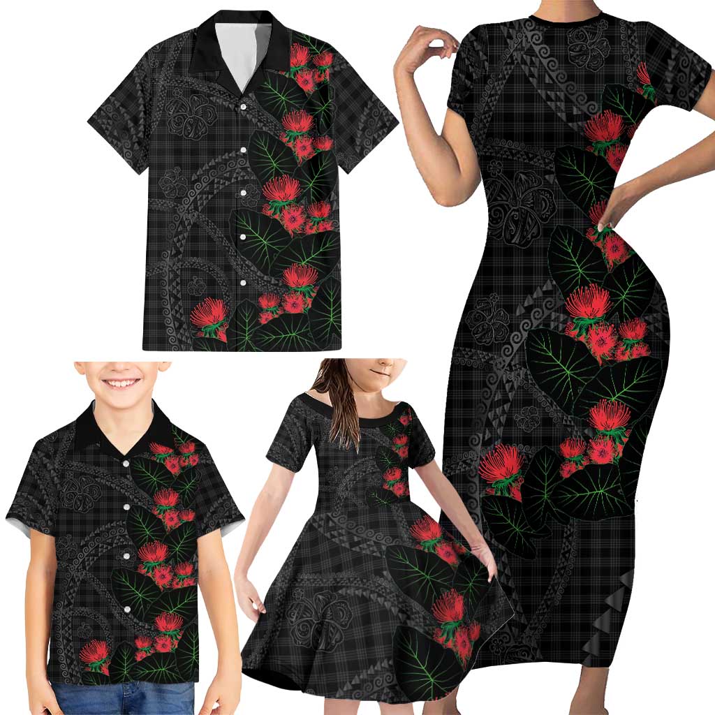 Hawaiian Kakau Art Family Matching Short Sleeve Bodycon Dress and Hawaiian Shirt Taro Leaves with Ohia Lehua and Pakala Pattern - Polynesian Pride