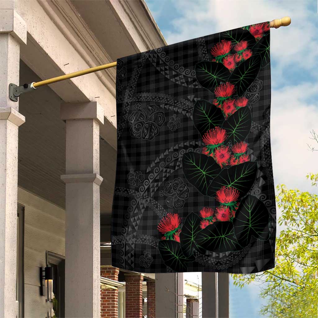 Hawaiian Kakau Art Garden Flag Taro Leaves with Ohia Lehua and Pakala Pattern LT03 House Flag Black - Polynesian Pride