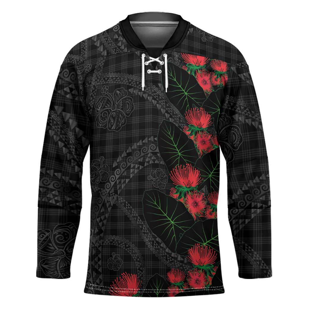 Hawaiian Kakau Art Hockey Jersey Taro Leaves with Ohia Lehua and Pakala Pattern LT03 Unisex Black - Polynesian Pride
