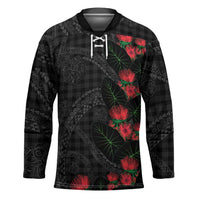 Hawaiian Kakau Art Hockey Jersey Taro Leaves with Ohia Lehua and Pakala Pattern LT03 Unisex Black - Polynesian Pride