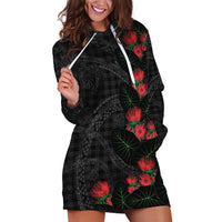 Hawaiian Kakau Art Hoodie Dress Taro Leaves with Ohia Lehua and Pakala Pattern LT03 Black - Polynesian Pride