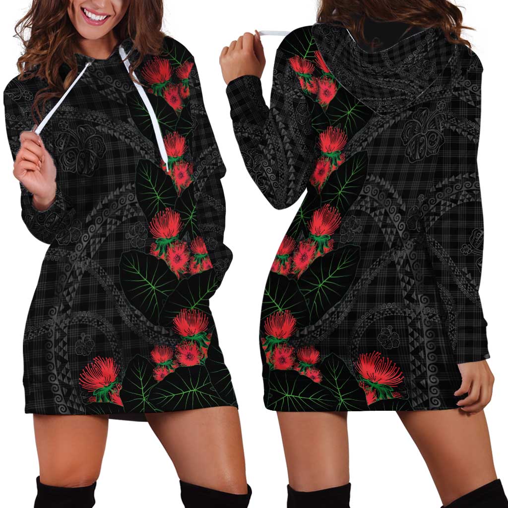 Hawaiian Kakau Art Hoodie Dress Taro Leaves with Ohia Lehua and Pakala Pattern LT03 - Polynesian Pride