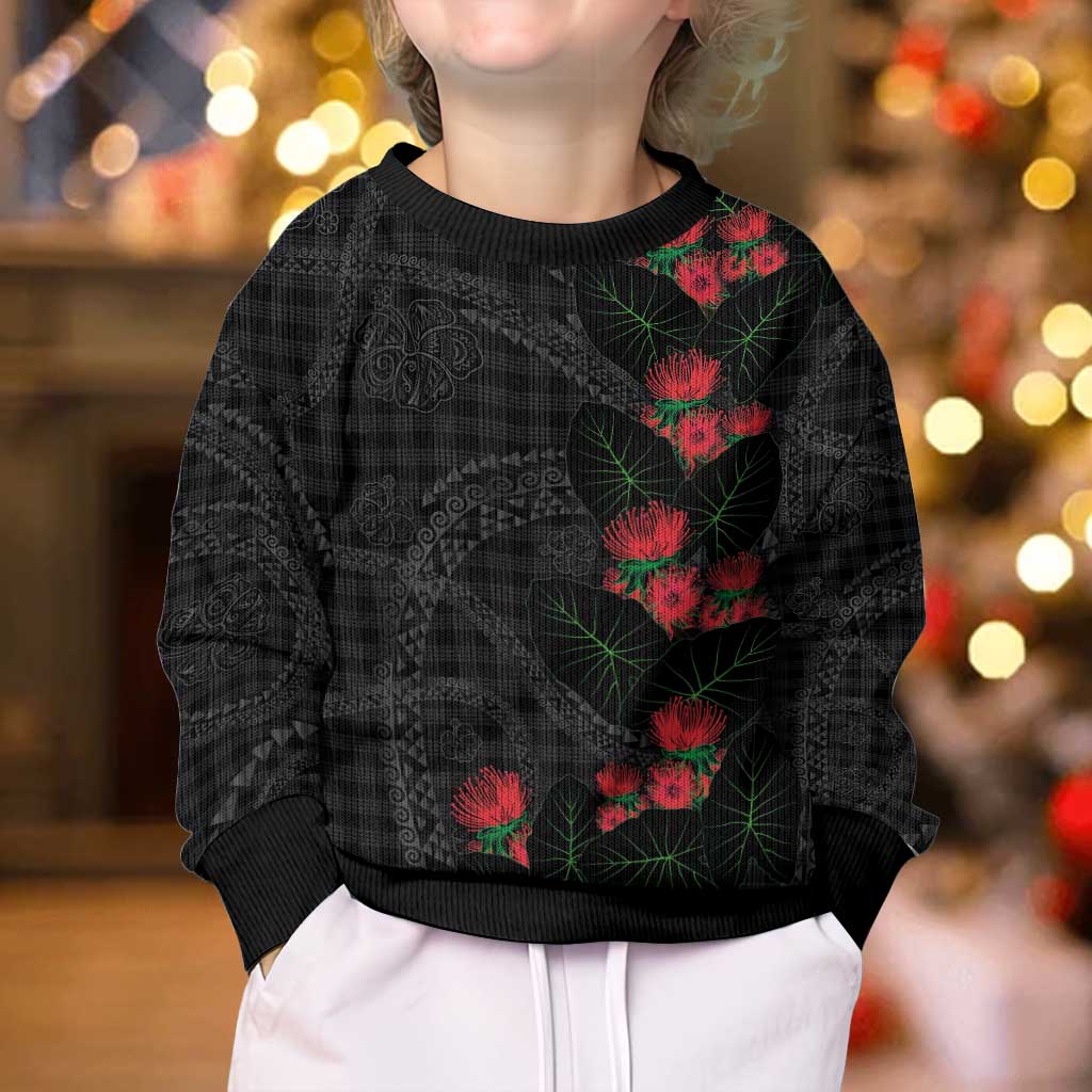 Hawaiian Kakau Art Kid Ugly Christmas Sweater Taro Leaves with Ohia Lehua and Pakala Pattern LT03 - Polynesian Pride