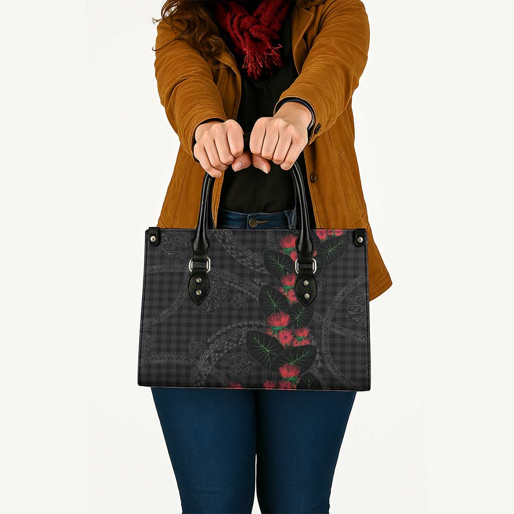 Hawaiian Kakau Art Leather Bag Taro Leaves with Ohia Lehua and Pakala Pattern - Polynesian Pride