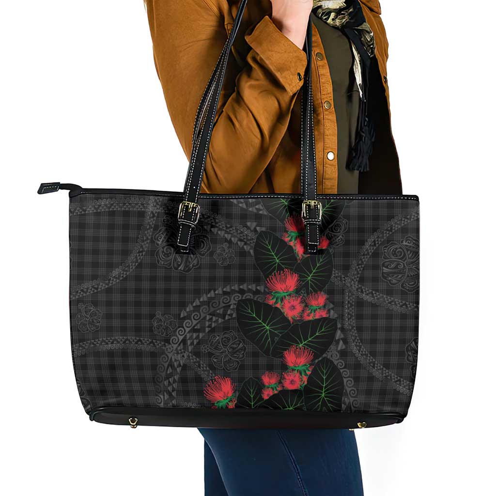 Hawaiian Kakau Art Leather Tote Bag Taro Leaves with Ohia Lehua and Pakala Pattern LT03 - Polynesian Pride