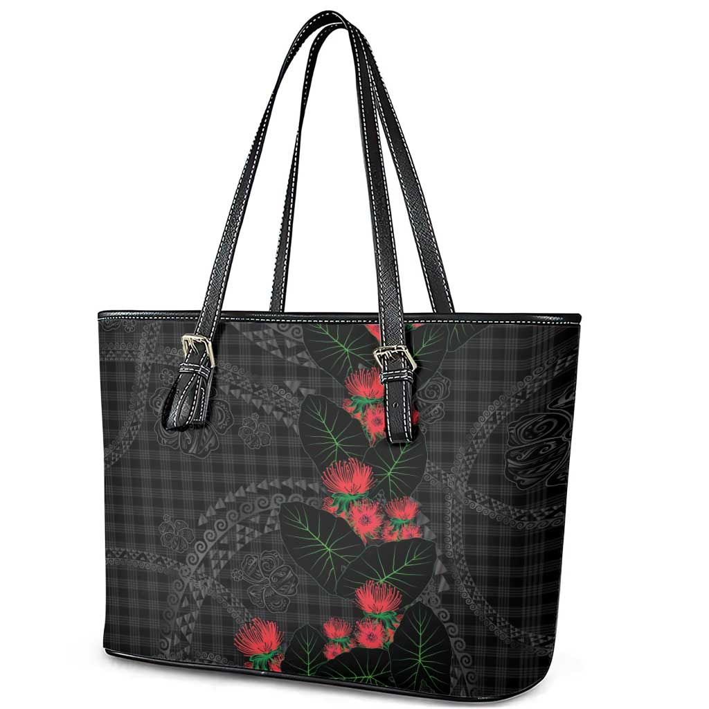 Hawaiian Kakau Art Leather Tote Bag Taro Leaves with Ohia Lehua and Pakala Pattern LT03 - Polynesian Pride