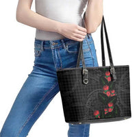 Hawaiian Kakau Art Leather Tote Bag Taro Leaves with Ohia Lehua and Pakala Pattern LT03 - Polynesian Pride