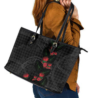 Hawaiian Kakau Art Leather Tote Bag Taro Leaves with Ohia Lehua and Pakala Pattern LT03 - Polynesian Pride