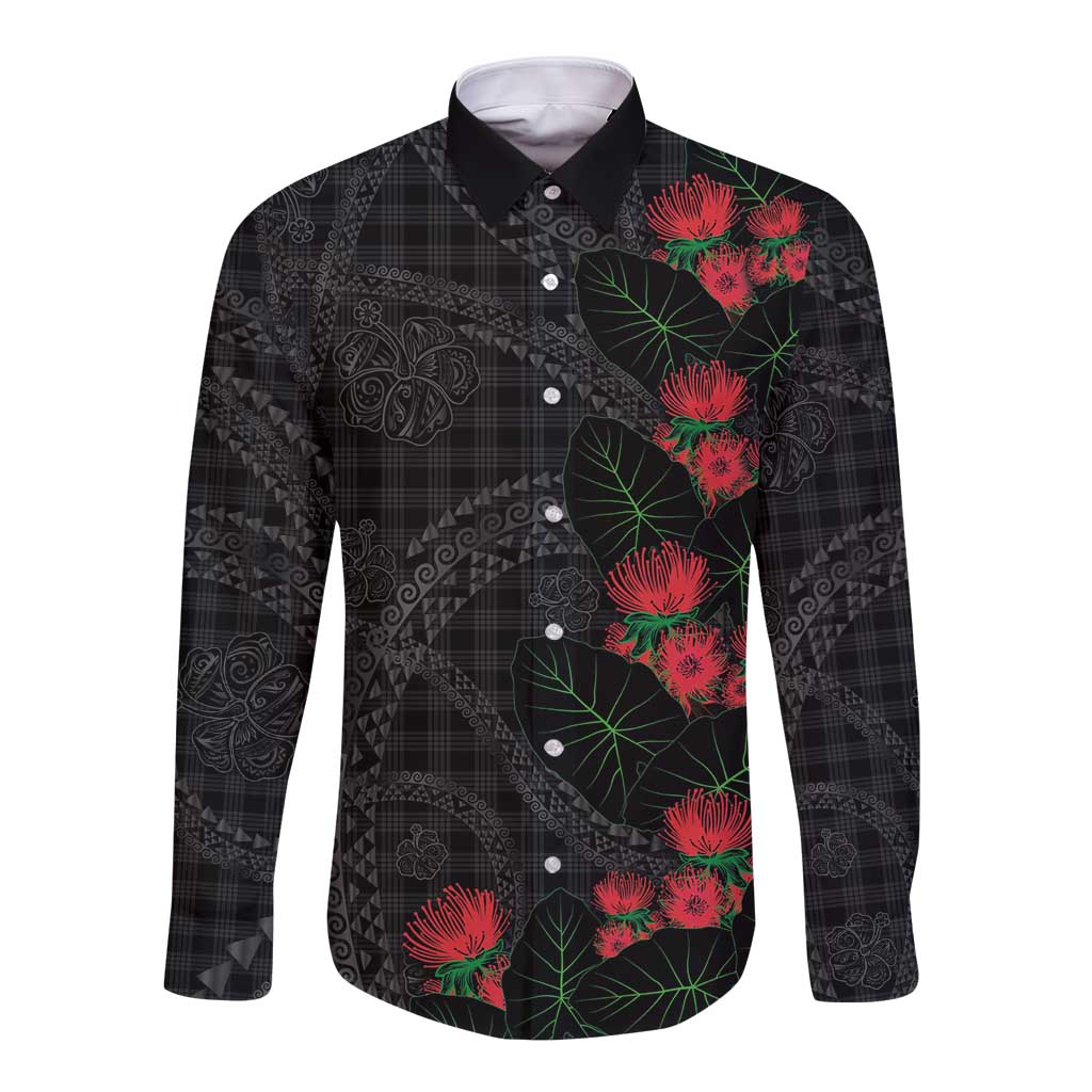 Hawaiian Kakau Art Long Sleeve Button Shirt Taro Leaves with Ohia Lehua and Pakala Pattern LT03 Unisex Black - Polynesian Pride