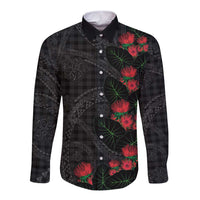 Hawaiian Kakau Art Long Sleeve Button Shirt Taro Leaves with Ohia Lehua and Pakala Pattern LT03 Unisex Black - Polynesian Pride