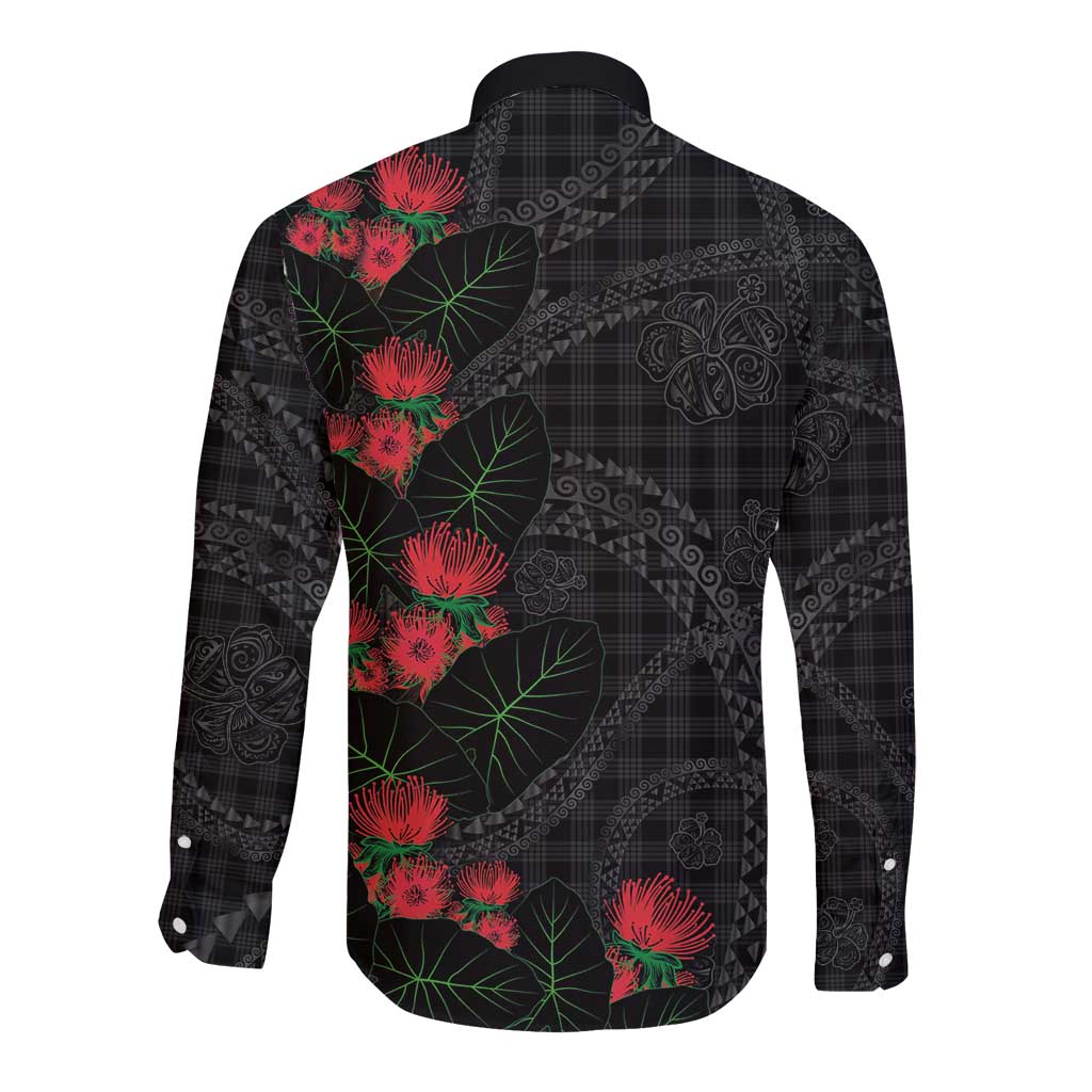 Hawaiian Kakau Art Long Sleeve Button Shirt Taro Leaves with Ohia Lehua and Pakala Pattern LT03 - Polynesian Pride
