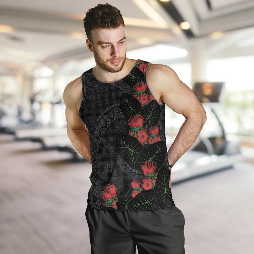 Hawaiian Kakau Art Men Tank Top Taro Leaves with Ohia Lehua and Pakala Pattern LT03 Black - Polynesian Pride