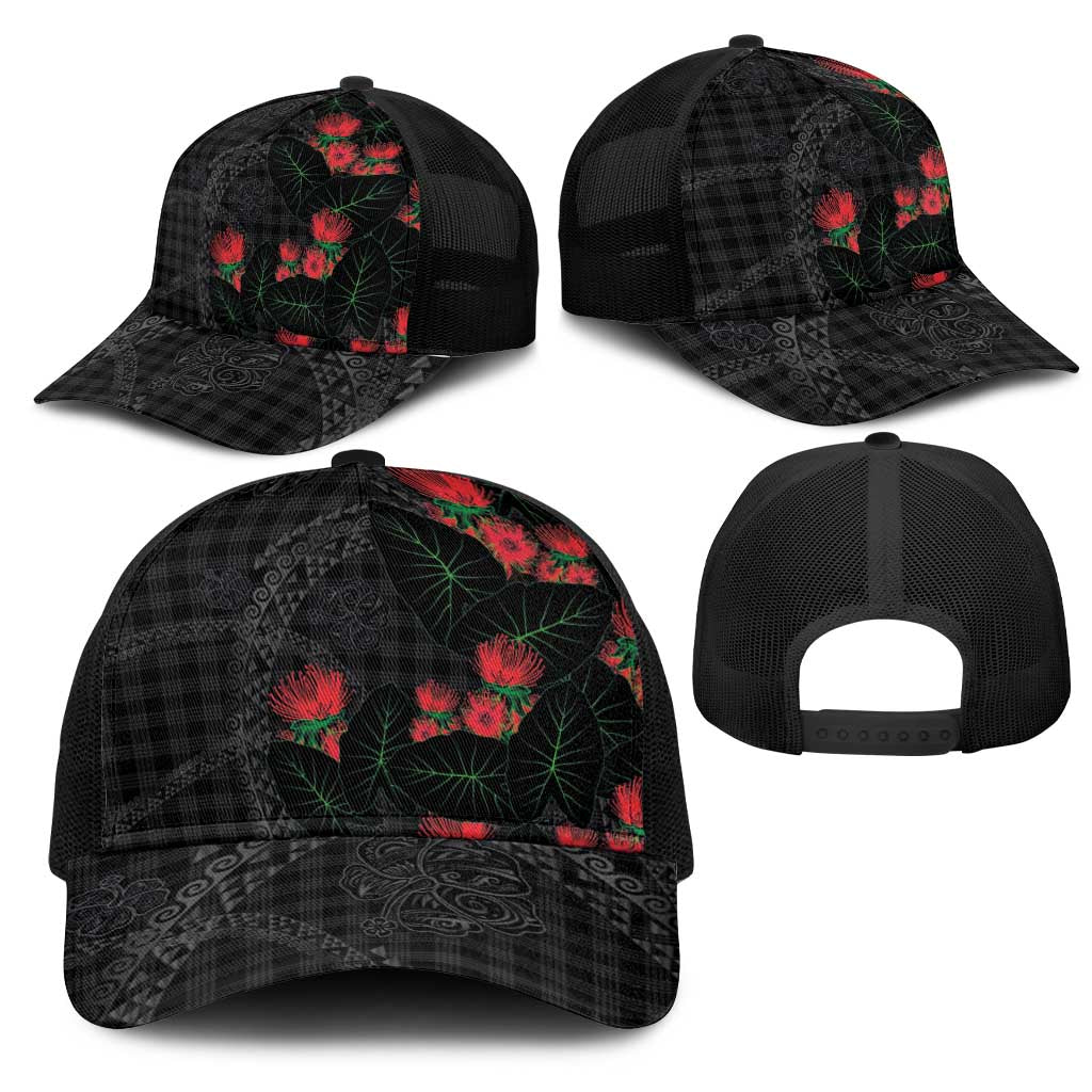 Hawaiian Kakau Art Mesh Trucker Cap Taro Leaves with Ohia Lehua and Pakala Pattern - Polynesian Pride