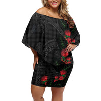 Hawaiian Kakau Art Off Shoulder Short Dress Taro Leaves with Ohia Lehua and Pakala Pattern LT03 Women Black - Polynesian Pride