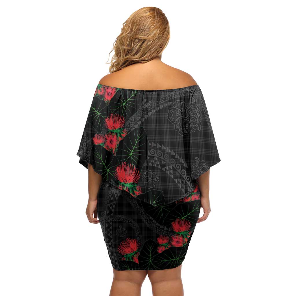 Hawaiian Kakau Art Off Shoulder Short Dress Taro Leaves with Ohia Lehua and Pakala Pattern LT03 - Polynesian Pride