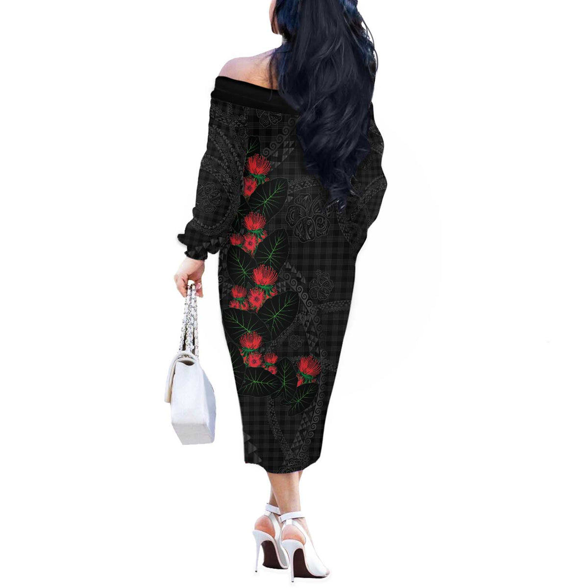 Hawaiian Kakau Art Off The Shoulder Long Sleeve Dress Taro Leaves with Ohia Lehua and Pakala Pattern LT03 - Polynesian Pride