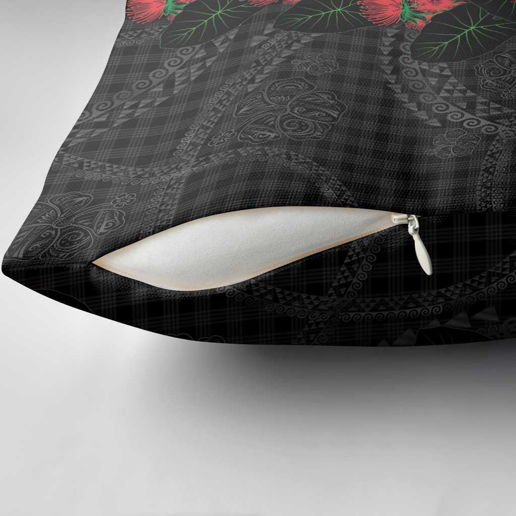 Hawaiian Kakau Art Pillow Cover Taro Leaves with Ohia Lehua and Pakala Pattern - Polynesian Pride