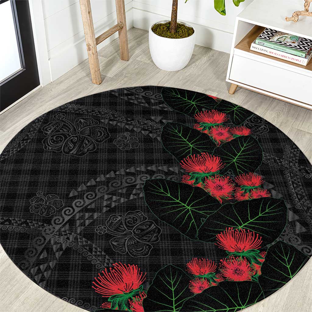 Hawaiian Kakau Art Round Carpet Taro Leaves with Ohia Lehua and Pakala Pattern LT03 Black - Polynesian Pride