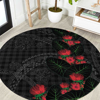 Hawaiian Kakau Art Round Carpet Taro Leaves with Ohia Lehua and Pakala Pattern LT03 Black - Polynesian Pride