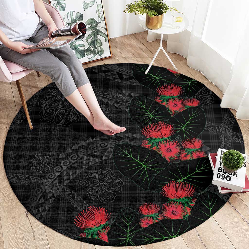 Hawaiian Kakau Art Round Carpet Taro Leaves with Ohia Lehua and Pakala Pattern LT03 - Polynesian Pride