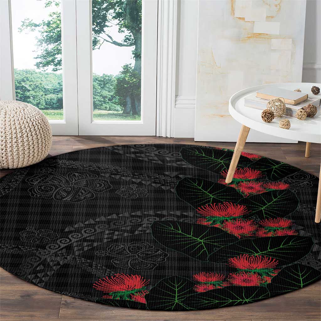 Hawaiian Kakau Art Round Carpet Taro Leaves with Ohia Lehua and Pakala Pattern LT03 - Polynesian Pride