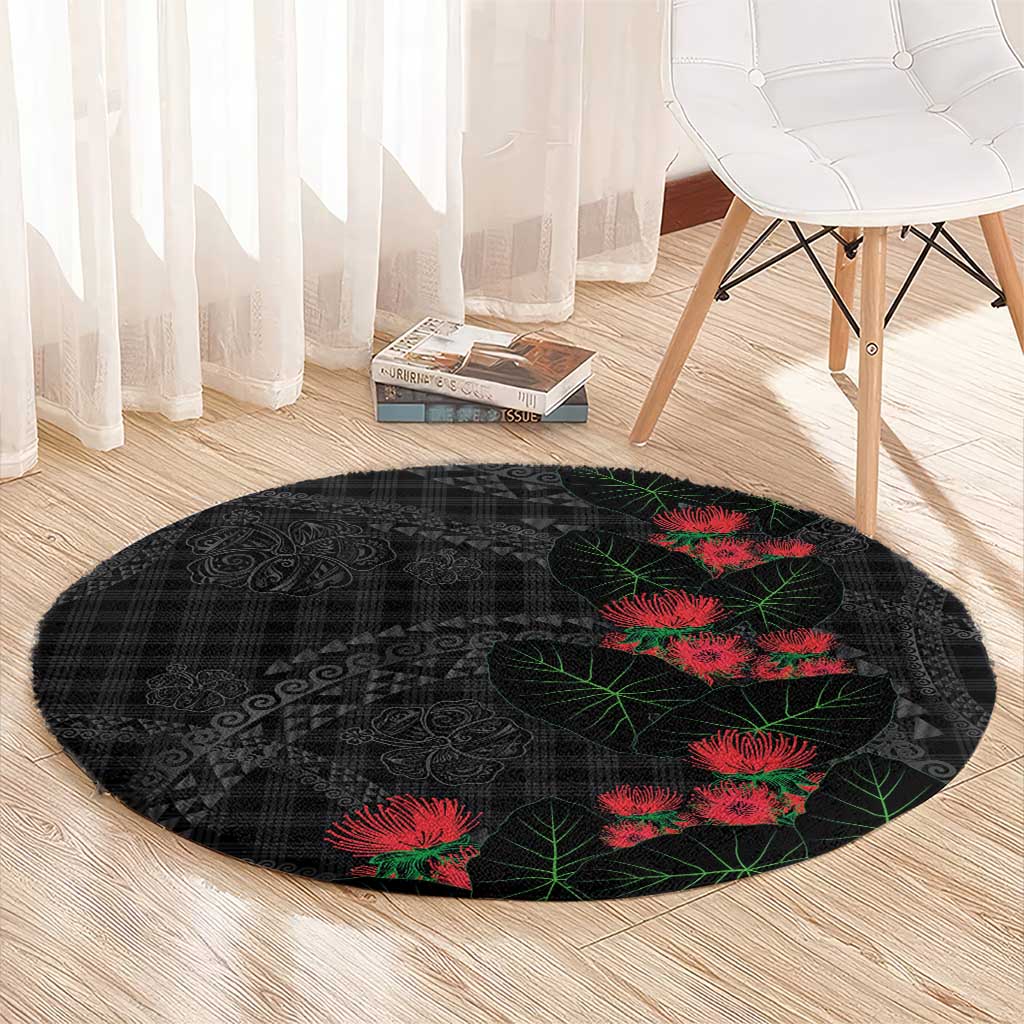 Hawaiian Kakau Art Round Carpet Taro Leaves with Ohia Lehua and Pakala Pattern LT03 - Polynesian Pride