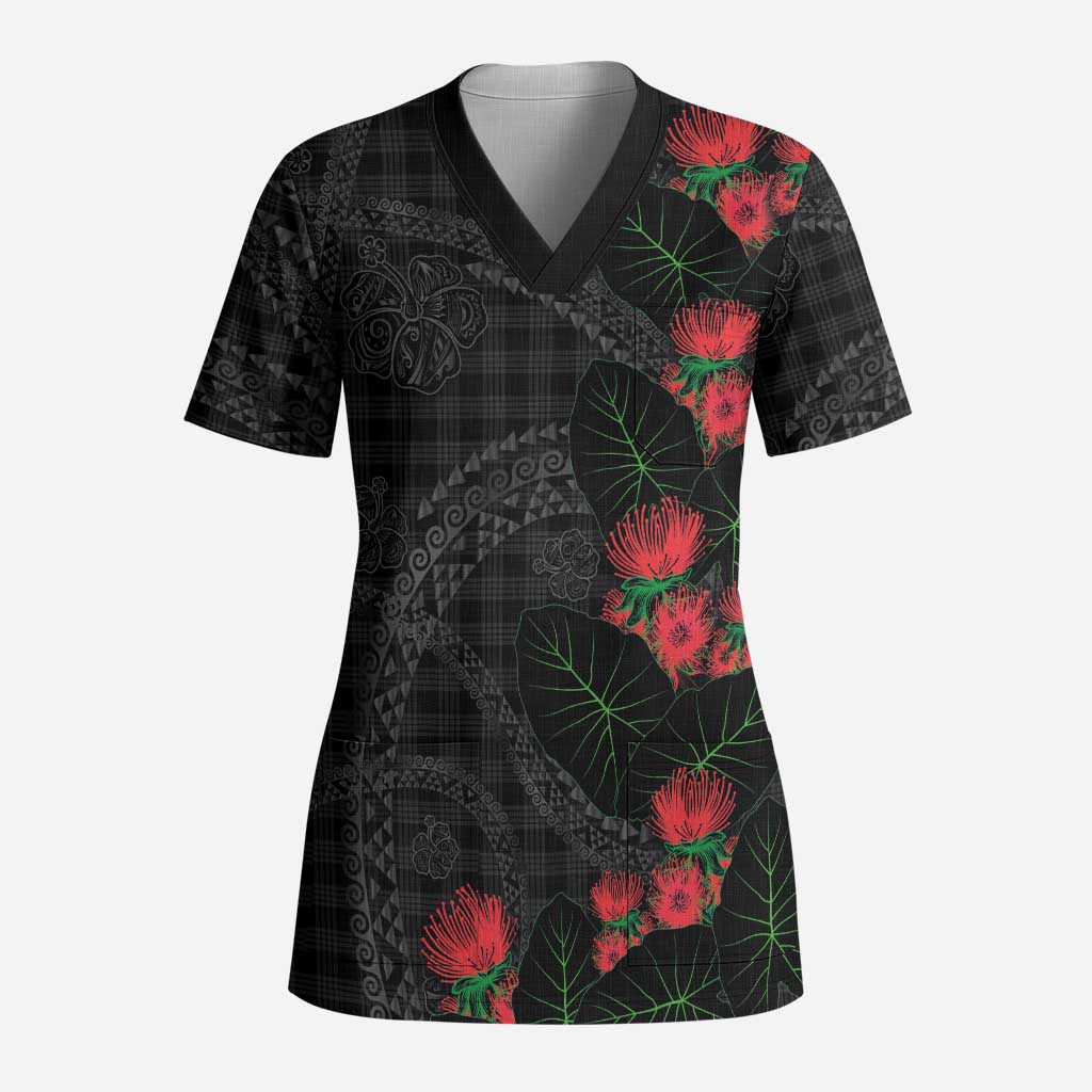 Hawaiian Kakau Art Scrub Top Taro Leaves with Ohia Lehua and Pakala Pattern LT03 Adult Black - Polynesian Pride