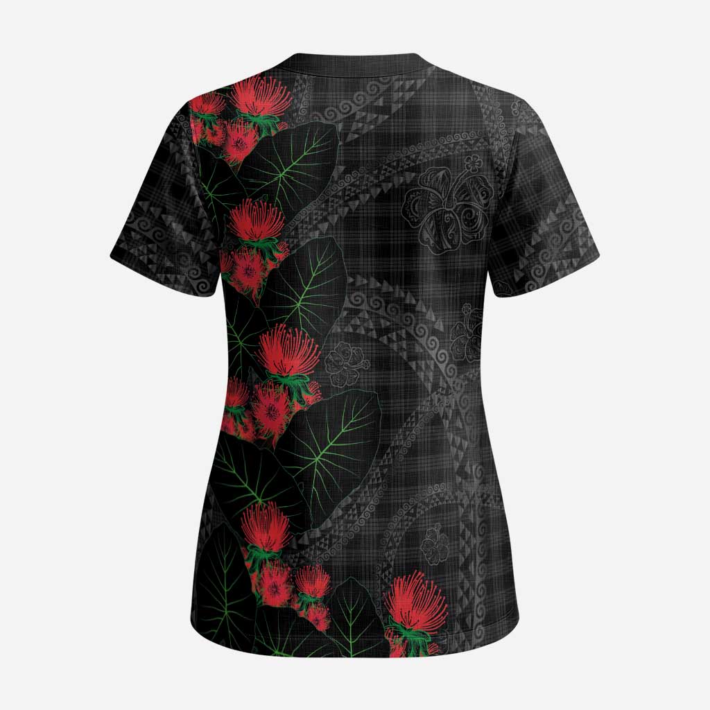 Hawaiian Kakau Art Scrub Top Taro Leaves with Ohia Lehua and Pakala Pattern LT03 - Polynesian Pride