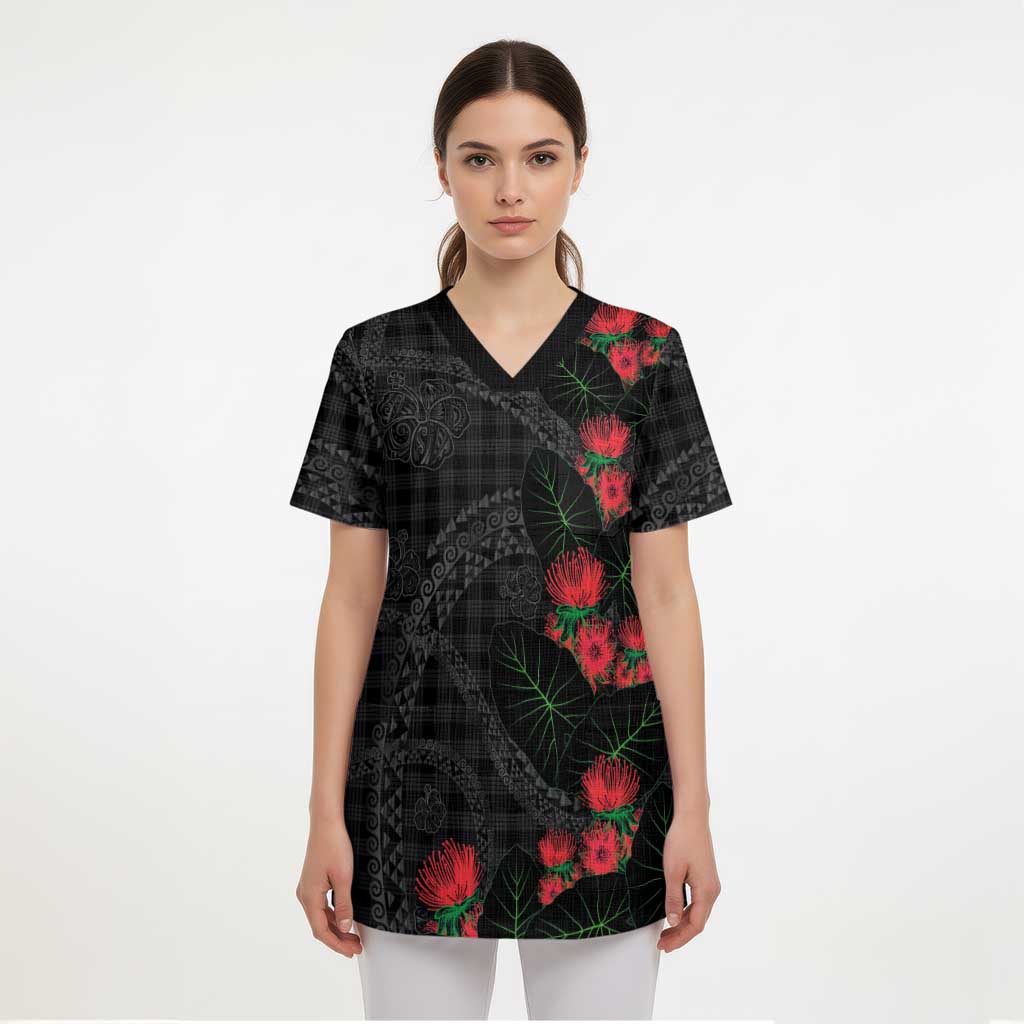 Hawaiian Kakau Art Scrub Top Taro Leaves with Ohia Lehua and Pakala Pattern LT03 - Polynesian Pride