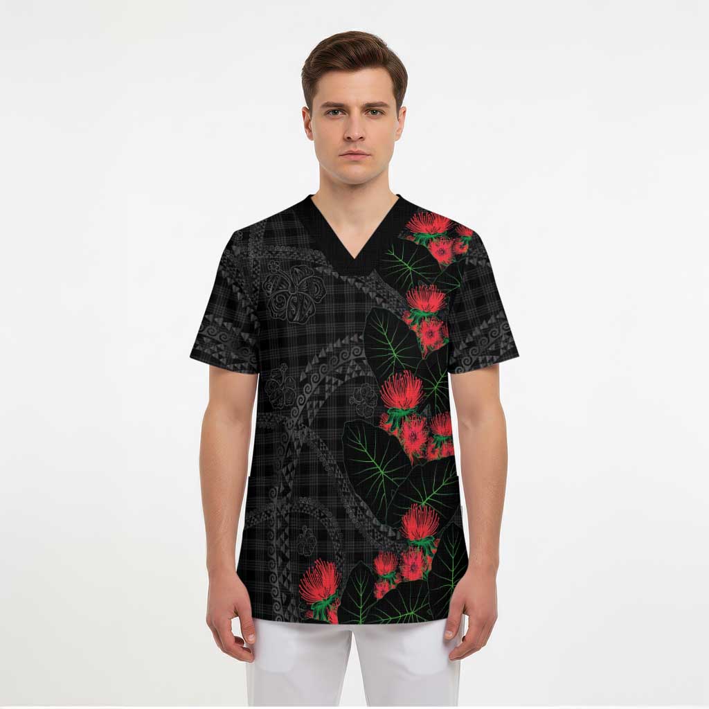 Hawaiian Kakau Art Scrub Top Taro Leaves with Ohia Lehua and Pakala Pattern LT03 - Polynesian Pride