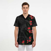 Hawaiian Kakau Art Scrub Top Taro Leaves with Ohia Lehua and Pakala Pattern LT03 - Polynesian Pride