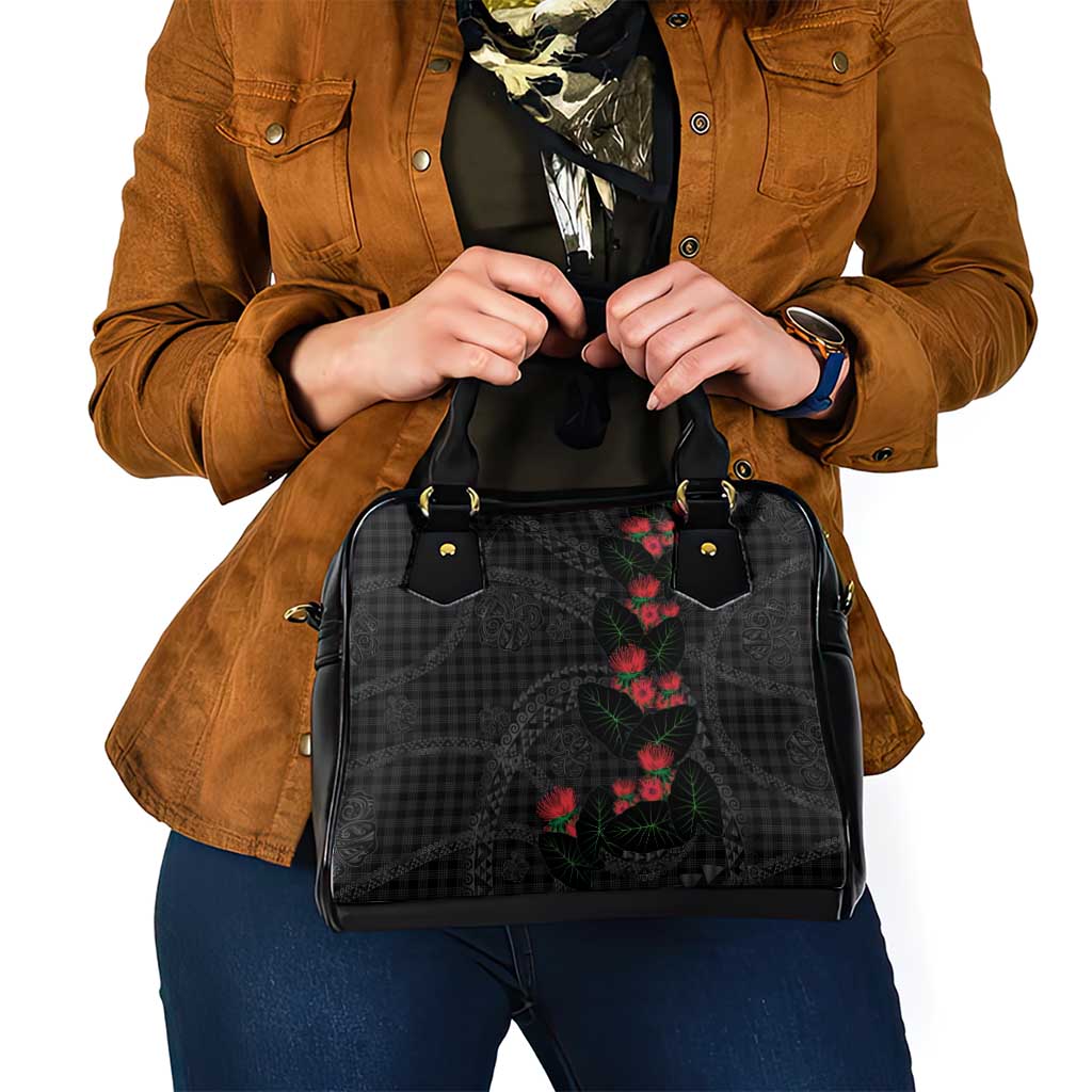 Hawaiian Kakau Art Shoulder Handbag Taro Leaves with Ohia Lehua and Pakala Pattern - Polynesian Pride