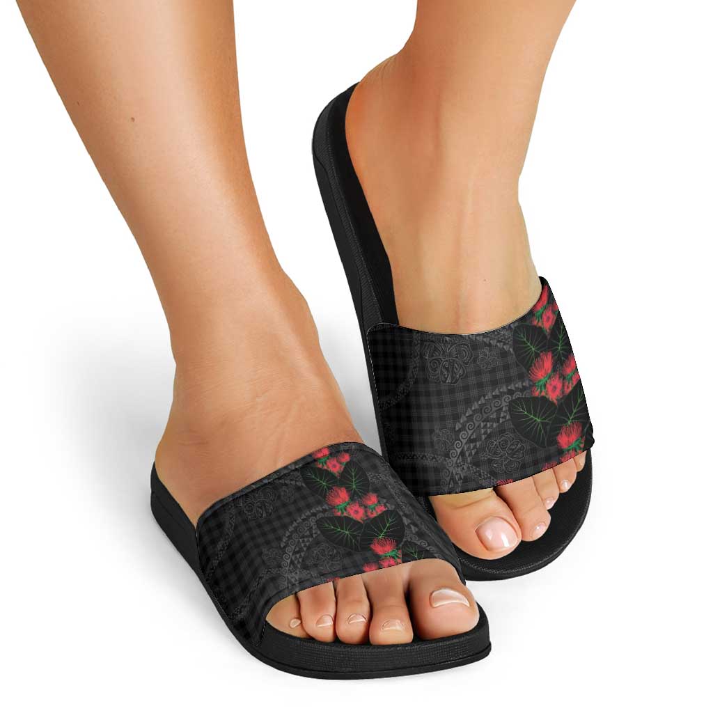 Hawaiian Kakau Art Slide Sandals Taro Leaves with Ohia Lehua and Pakala Pattern - Polynesian Pride