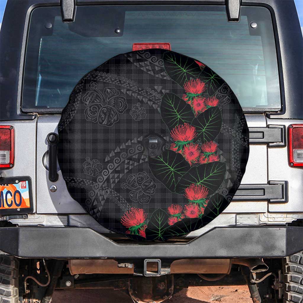 Hawaiian Kakau Art Spare Tire Cover Taro Leaves with Ohia Lehua and Pakala Pattern LT03 Black - Polynesian Pride