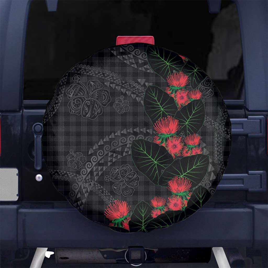 Hawaiian Kakau Art Spare Tire Cover Taro Leaves with Ohia Lehua and Pakala Pattern LT03 No hole Black - Polynesian Pride