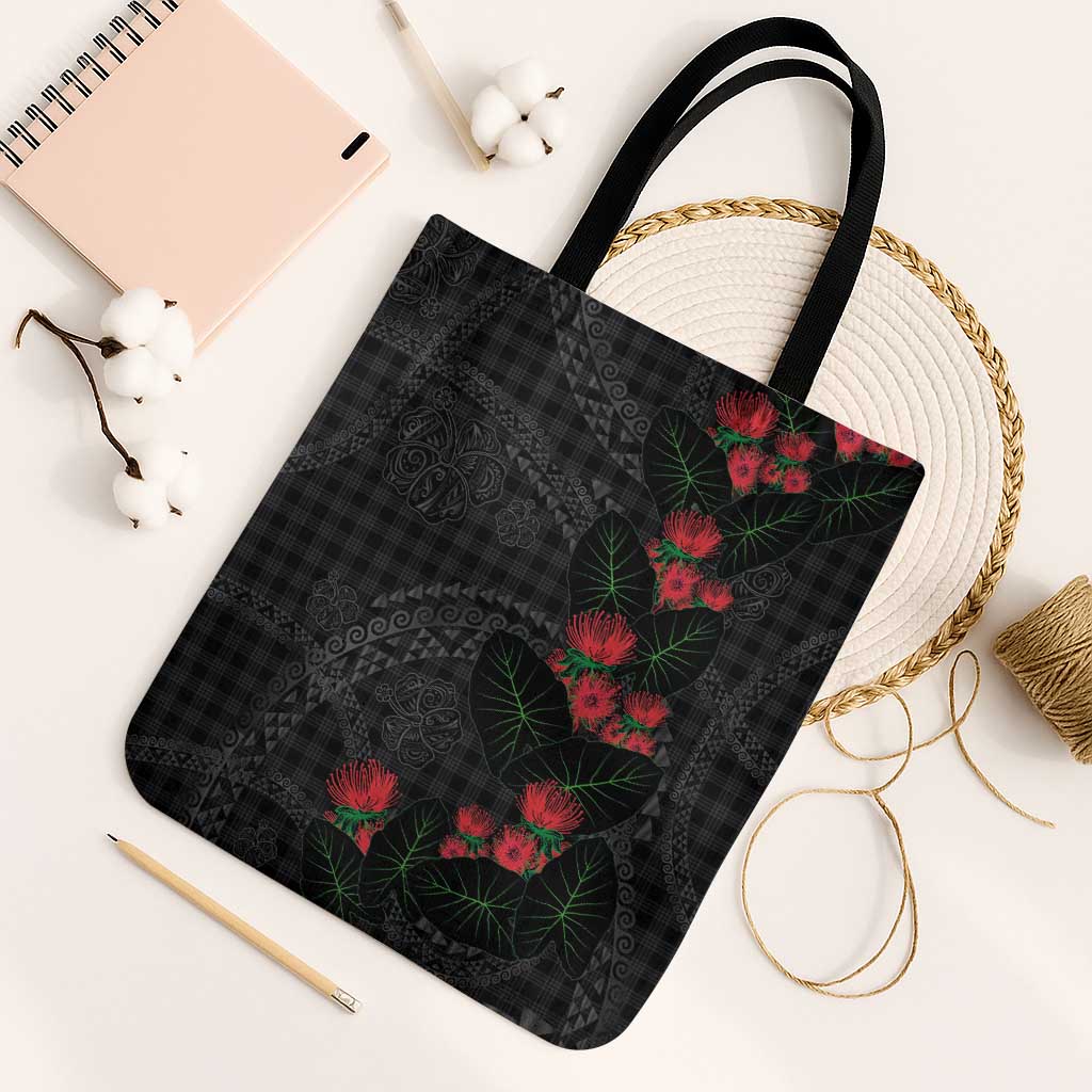 Hawaiian Kakau Art Tote Bag Taro Leaves with Ohia Lehua and Pakala Pattern LT03 Black Strap One Size Black - Polynesian Pride
