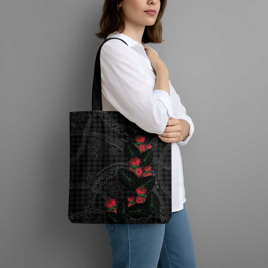 Hawaiian Kakau Art Tote Bag Taro Leaves with Ohia Lehua and Pakala Pattern LT03 - Polynesian Pride