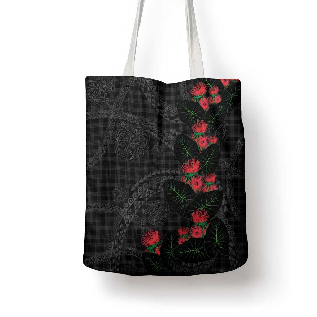 Hawaiian Kakau Art Tote Bag Taro Leaves with Ohia Lehua and Pakala Pattern LT03 - Polynesian Pride
